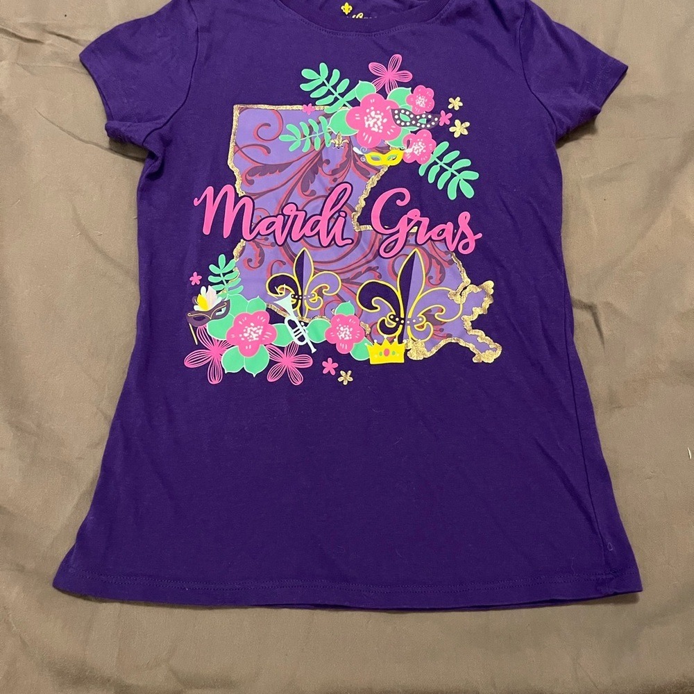 Mardi Gras Louisiana State Graphic Tee Kids Medium Purple Fleur De Lis Shirt